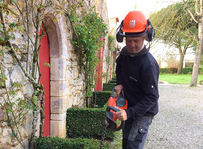 1-Homme entrain de tailler une haie de jardin - Service à la personne - Paysagiste Solution Antoine Beaufour
